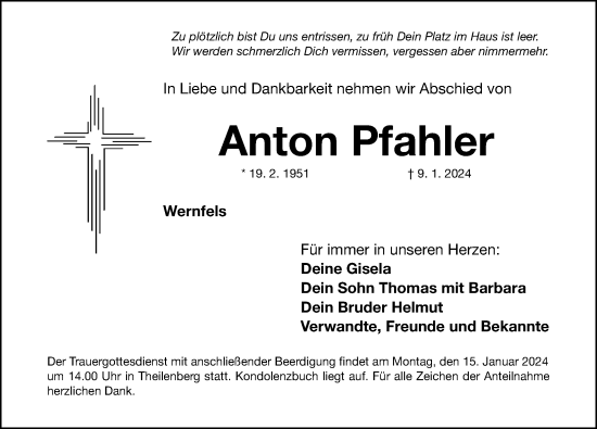 Traueranzeigen Von Anton Pfahler | Trauer.nn.de