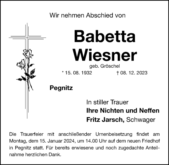 Traueranzeige von Babetta Wiesner von Nordbayerische Nachrichten Pegnitz Lokal