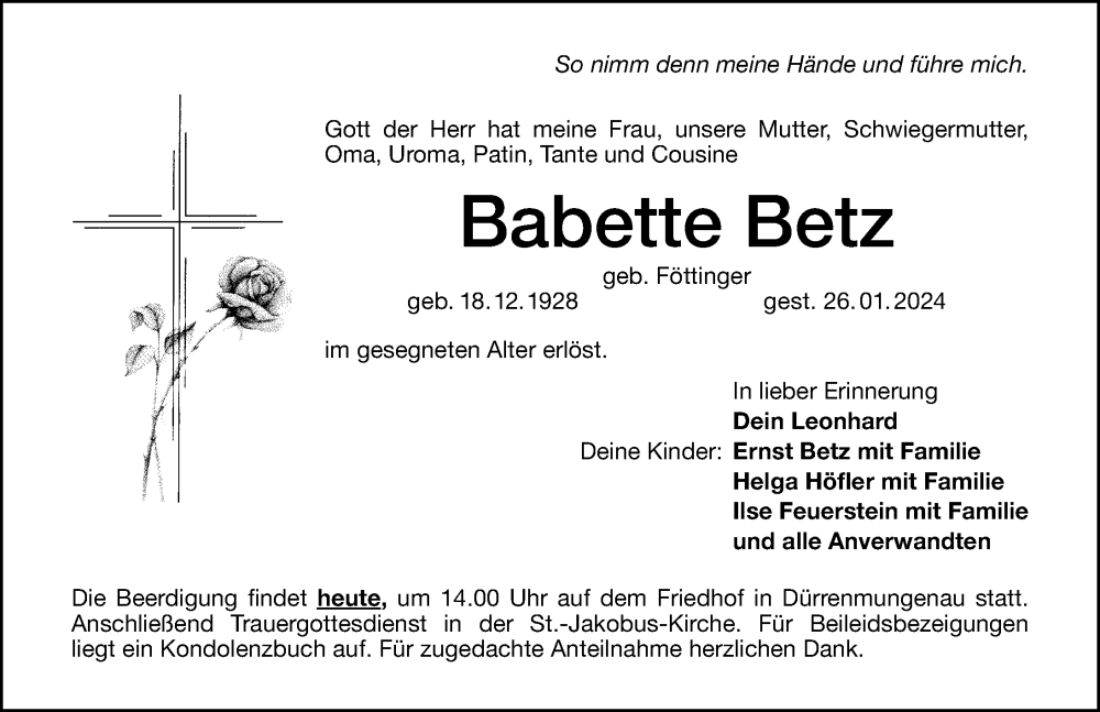  Traueranzeige für Babette Betz vom 30.01.2024 aus Schwabacher Tagblatt Lokal