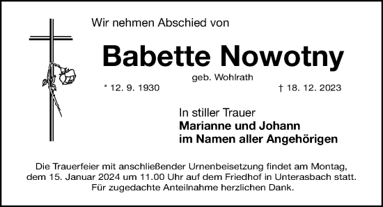 Traueranzeige von Babette Nowotny von Gesamtausgabe Nürnberger Nachrichten/ Nürnberger Ztg.