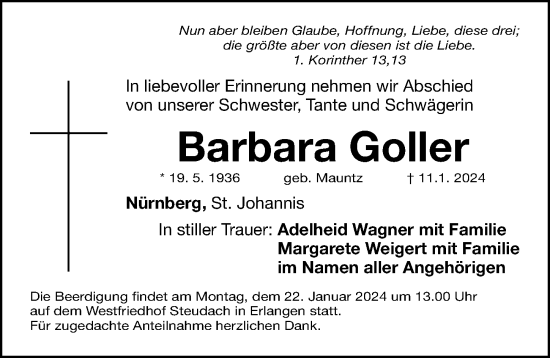 Traueranzeige von Barbara Goller von Gesamtausgabe Nürnberger Nachrichten/ Nürnberger Ztg.