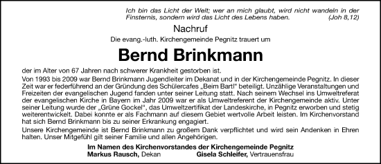 Traueranzeige von Bernd Brinkmann von Nordbayerische Nachrichten Pegnitz Lokal