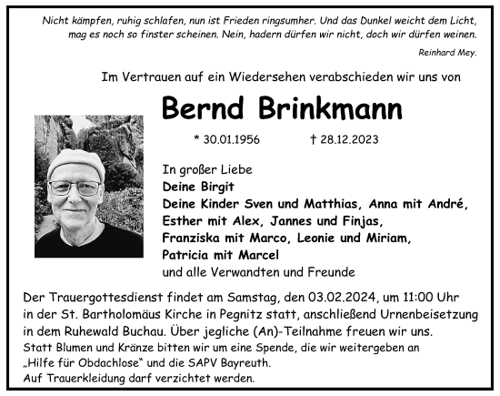 Traueranzeige von Bernd Brinkmann von Nordbayerische Nachrichten Pegnitz Lokal