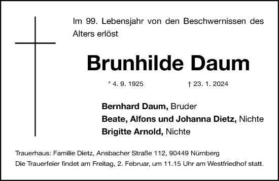 Traueranzeige von Brunhilde Daum von Gesamtausgabe Nürnberger Nachrichten/ Nürnberger Ztg.