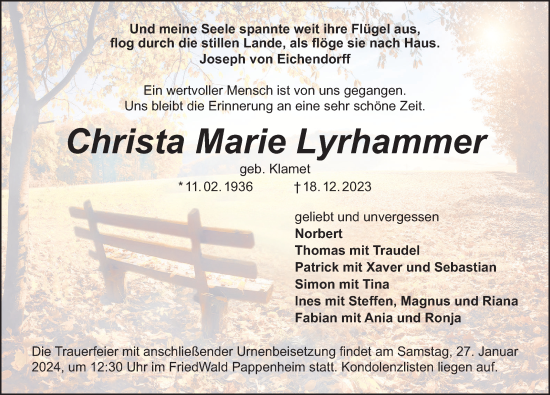 Traueranzeige von Christa Marie Lyrhammer von HWT,HAB