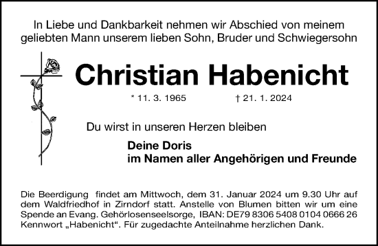 Traueranzeige von Christian Habenicht von Gesamtausgabe Nürnberger Nachrichten/ Nürnberger Ztg.