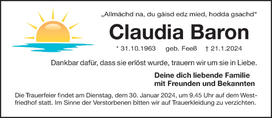 Traueranzeige von Claudia Baron von Gesamtausgabe Nürnberger Nachrichten/ Nürnberger Ztg.