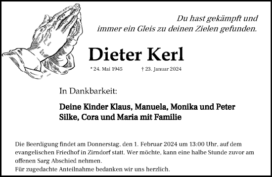 Traueranzeige von Dieter Kerl von Gesamtausgabe Nürnberger Nachrichten/ Nürnberger Ztg./ Fürther Nachrichten