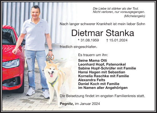 Traueranzeige von Dietmar Stanka von Nordbayerische Nachrichten Pegnitz Lokal