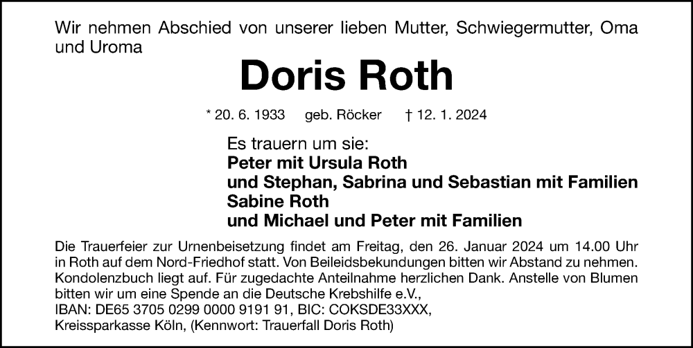  Traueranzeige für Doris Roth vom 22.01.2024 aus Roth-Hilpoltsteiner Volkszeitung Lokal