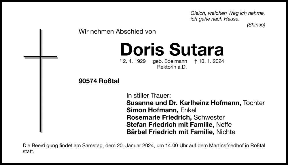  Traueranzeige für Doris Sutara vom 17.01.2024 aus Fürther Nachrichten Lokal