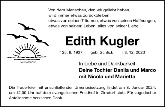 Traueranzeige von Edith Kugler von Fürther Nachrichten Lokal