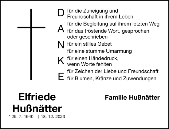 Traueranzeige von Elfriede Hußnätter von Fürther Nachrichten Lokal