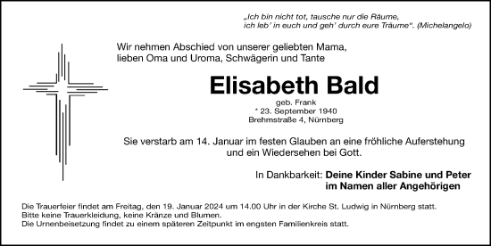 Traueranzeige von Elisabeth Bald von Gesamtausgabe Nürnberger Nachrichten/ Nürnberger Ztg.