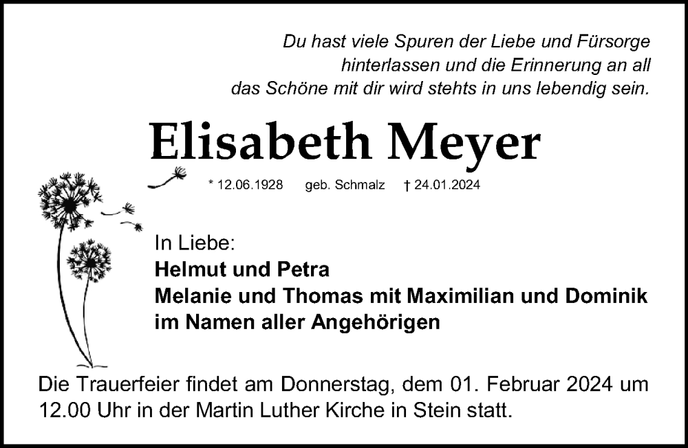 Traueranzeige für Elisabeth Meyer vom 27.01.2024 aus Gesamtausgabe Nürnberger Nachrichten/ Nürnberger Ztg.