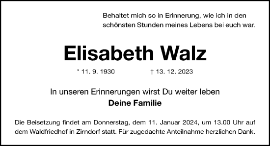 Traueranzeige von Elisabeth Walz von Fürther Nachrichten Lokal