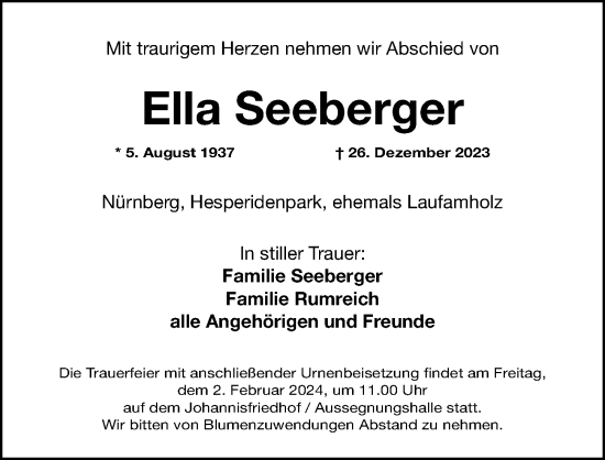Traueranzeige von Ella Seeberger von Gesamtausgabe Nürnberger Nachrichten/ Nürnberger Ztg.