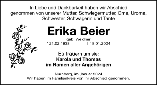 Traueranzeige von Erika Beier von Gesamtausgabe Nürnberger Nachrichten/ Nürnberger Ztg.