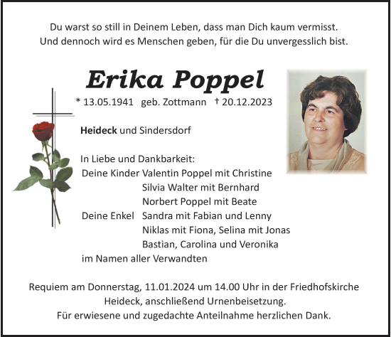 Traueranzeige von Erika Poppel von Roth-Hilpoltsteiner Volkszeitung Lokal