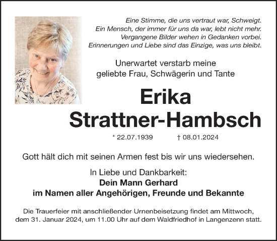 Traueranzeige von Erika Strattner-Hambsch von Fürther Nachrichten Lokal