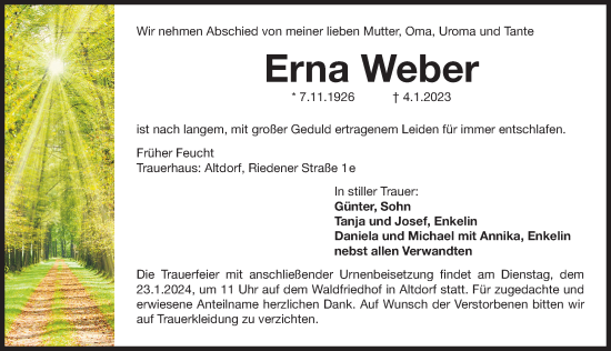 Traueranzeige von Erna Weber von Gesamtausgabe Nürnberger Nachrichten/ Nürnberger Ztg.