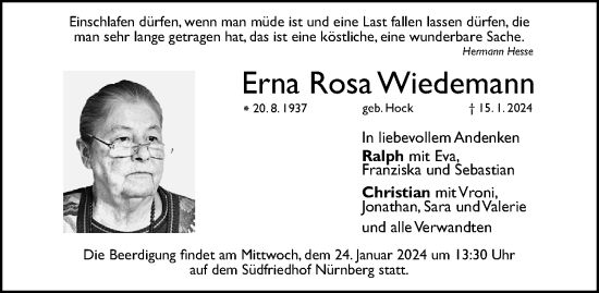 Traueranzeige von Erna Rosa Wiedemann von Gesamtausgabe Nürnberger Nachrichten/ Nürnberger Ztg.