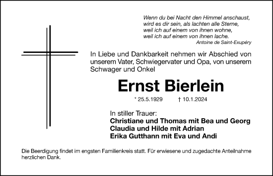 Traueranzeige von Ernst Bierlein von Fürther Nachrichten Lokal