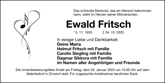 Traueranzeige von Ewald Fritsch von Fürther Nachrichten Lokal