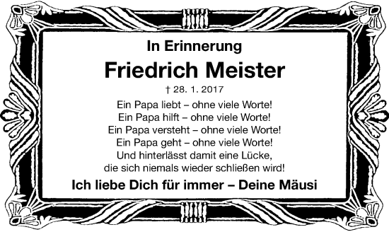 Traueranzeige von Friedrich Meister von Erlanger Nachrichten Lokal