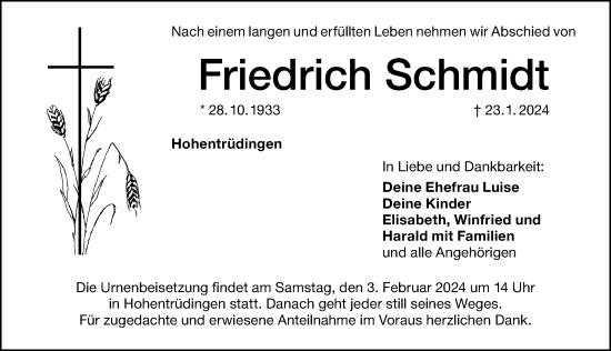Traueranzeige von Friedrich Schmidt von Altmühl-Bote Lokal
