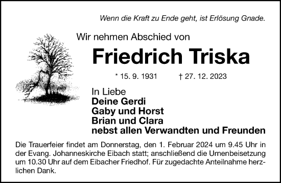 Traueranzeige von Friedrich Triska von Gesamtausgabe Nürnberger Nachrichten/ Nürnberger Ztg.