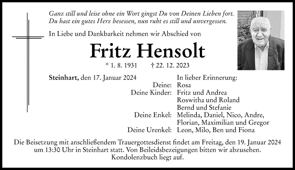  Traueranzeige für Fritz Hensolt vom 17.01.2024 aus Altmühl-Bote Lokal