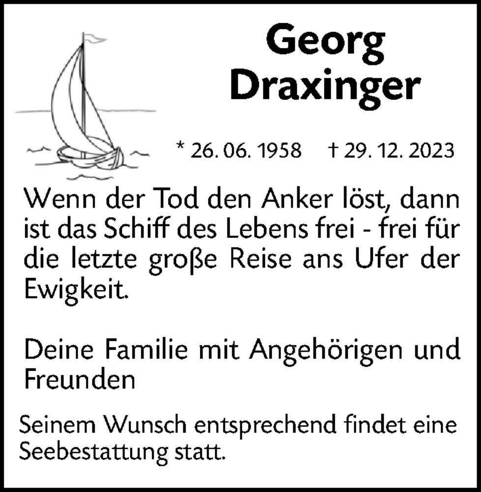  Traueranzeige für Georg Draxinger vom 08.01.2024 aus Fürther Nachrichten Lokal