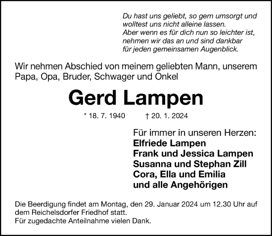 Traueranzeige von Gerd Lampen von Gesamtausgabe Nürnberger Nachrichten/ Nürnberger Ztg.