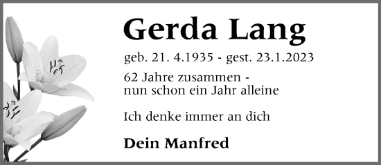 Traueranzeige von Gerda Lang von Gesamtausgabe Nürnberger Nachrichten/ Nürnberger Ztg.