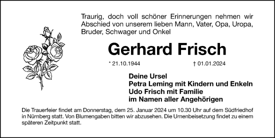 Traueranzeige von Gerhard Frisch von Gesamtausgabe Nürnberger Nachrichten/ Nürnberger Ztg.