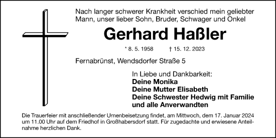 Traueranzeige von Gerhard Haßler von Fürther Nachrichten Lokal