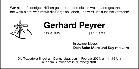 Traueranzeige von Gerhard Peyrer von Gesamtausgabe Nürnberger Nachrichten/ Nürnberger Ztg.