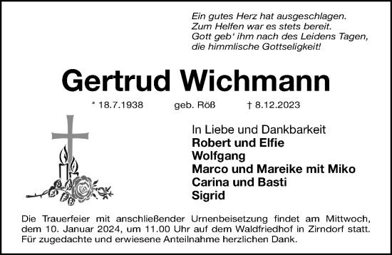 Traueranzeige von Gertrud Wichmann von Fürther Nachrichten Lokal
