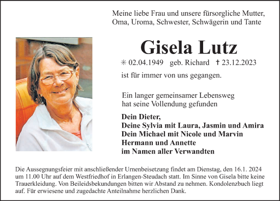 Traueranzeige von Gisela Lutz von Erlanger Nachrichten Lokal