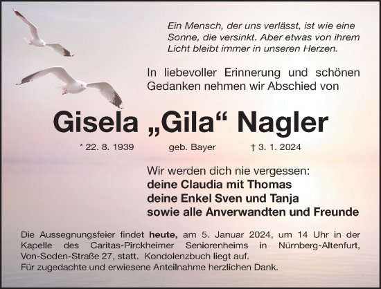 Traueranzeige von Gisela Nagler von Gesamtausgabe Nürnberger Nachrichten/ Nürnberger Ztg.