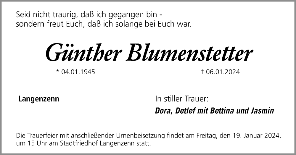  Traueranzeige für Günther Blumenstetter vom 15.01.2024 aus Fürther Nachrichten Lokal