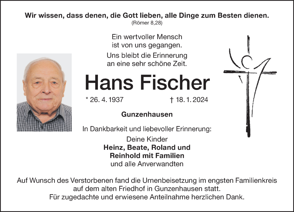  Traueranzeige für Hans Fischer vom 27.01.2024 aus Altmühl-Bote Lokal