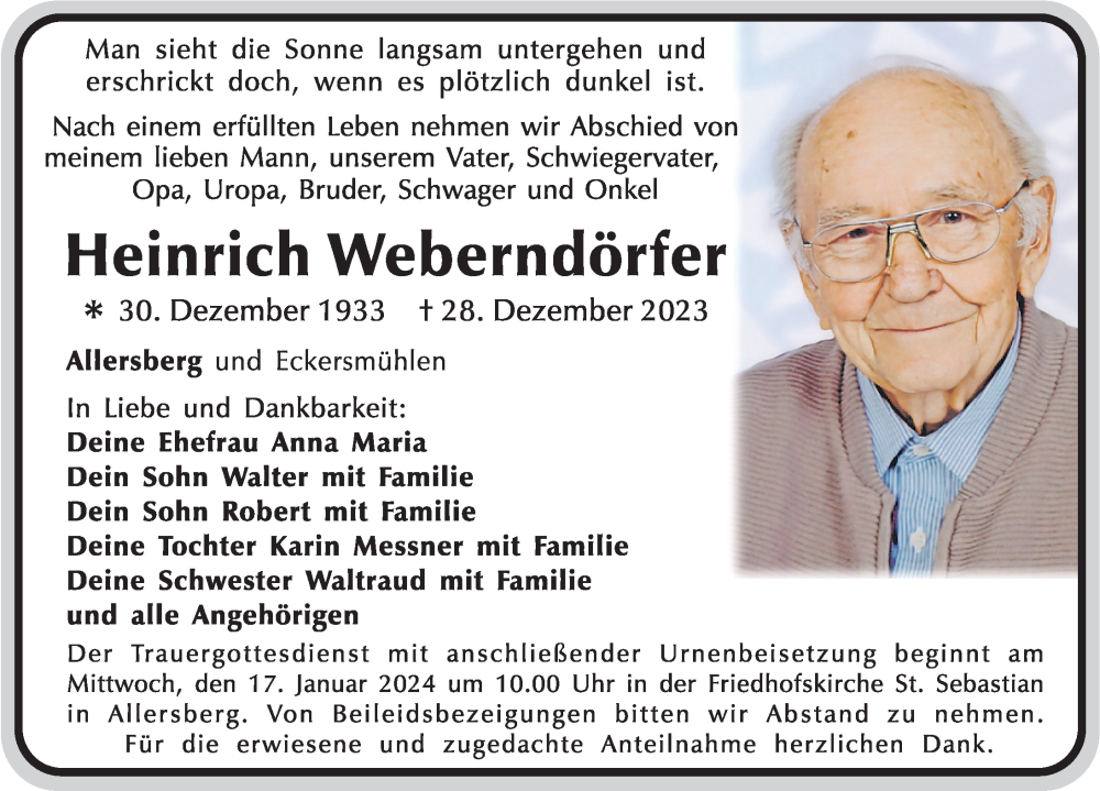  Traueranzeige für Heinrich Weberndörfer vom 15.01.2024 aus Roth-Hilpoltsteiner Volkszeitung Lokal