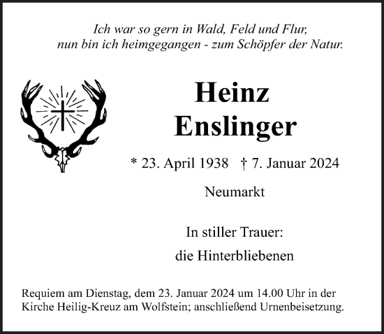 Traueranzeige von Heinz Enslinger von Neumarkter Nachrichten Lokal