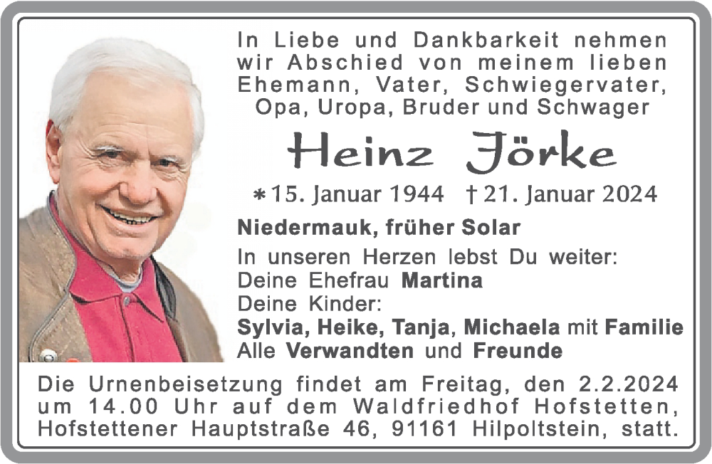  Traueranzeige für Heinz Jörke vom 27.01.2024 aus Roth-Hilpoltsteiner Volkszeitung Lokal