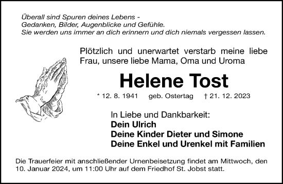 Traueranzeige von Helene Tost von Gesamtausgabe Nürnberger Nachrichten/ Nürnberger Ztg.