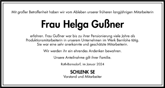 Traueranzeige von Helga Gußner von Roth-Hilpoltsteiner Volkszeitung Lokal