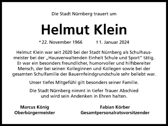 Traueranzeige von Helmut Klein von Gesamtausgabe Nürnberger Nachrichten/ Nürnberger Ztg.
