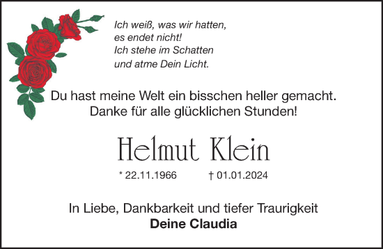 Traueranzeige von Helmut Klein von Gesamtausgabe Nürnberger Nachrichten/ Nürnberger Ztg.
